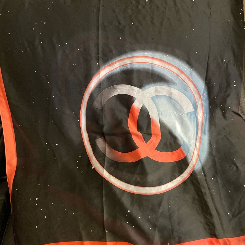 Chanel Black and Orange Logo Scarf